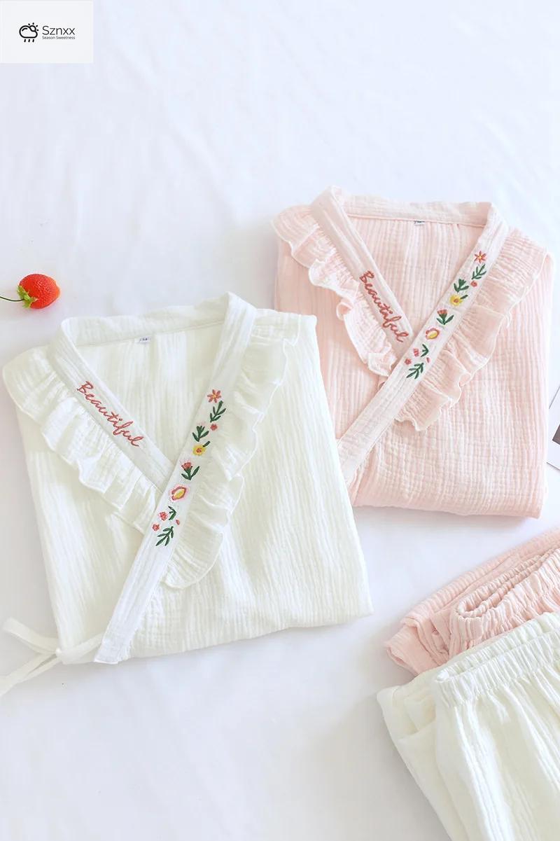 Japanese Cotton Crepe Kimono Pajama Two-piece Set