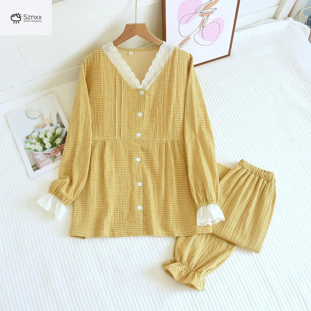 Womens Cotton Grid Pajama Set With Edge Collar