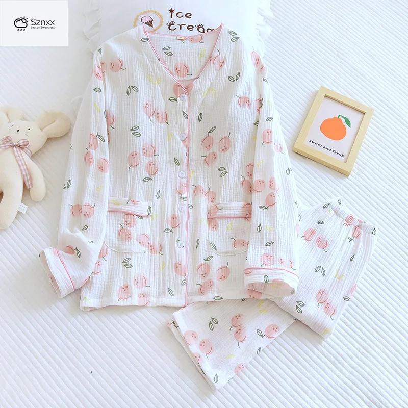 Floral Crepe Cotton Long-sleeve Pajama Set With Chest Pad