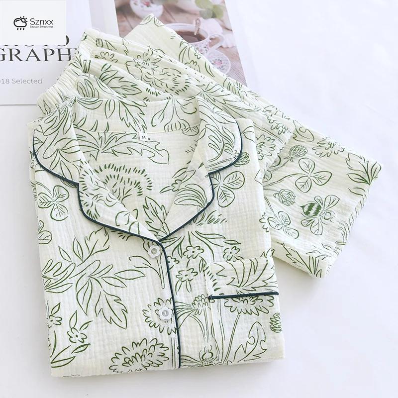 Womens Pure Cotton Crepe Long-sleeve Pajama Set