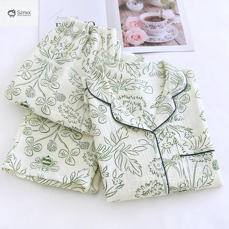 Womens Pure Cotton Crepe Long-sleeve Pajama Set