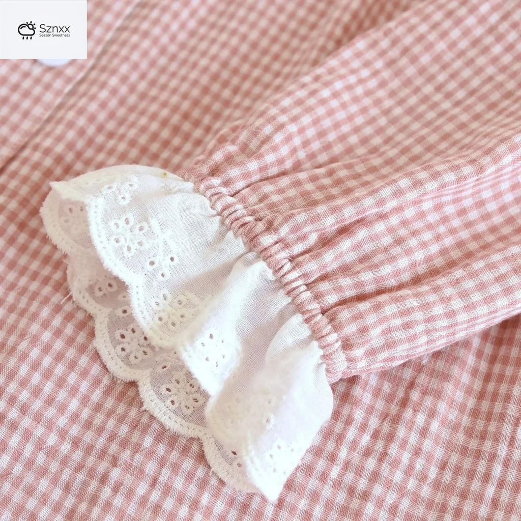 Womens Cotton Grid Pajama Set With Edge Collar