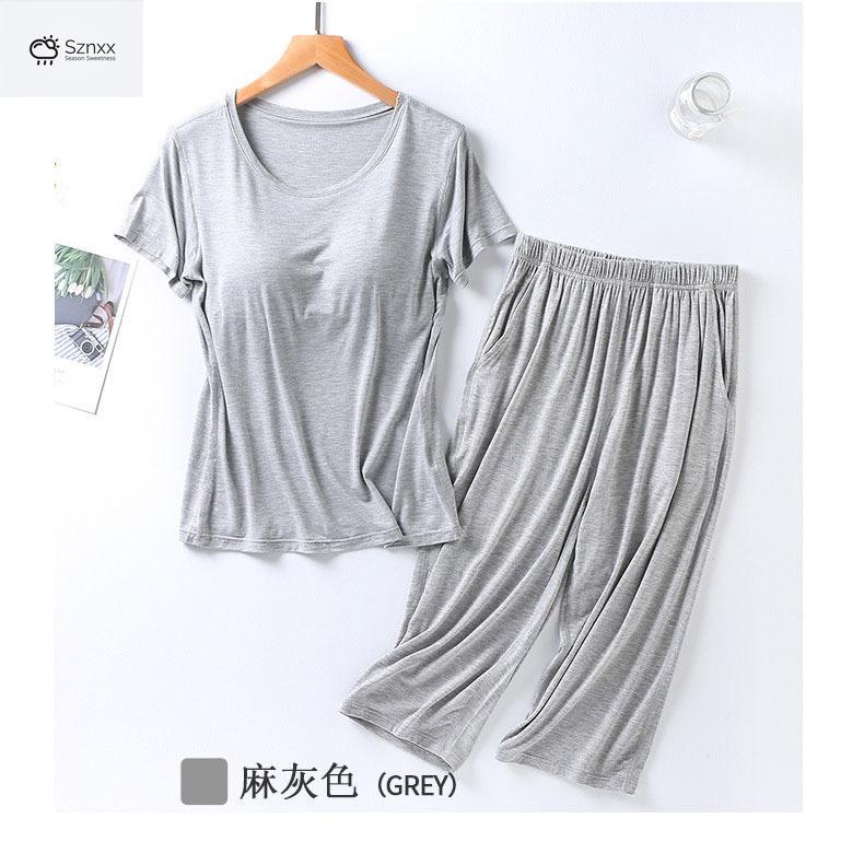 Soft Modal Pajama Set With Chest Pad Cropped Trousers