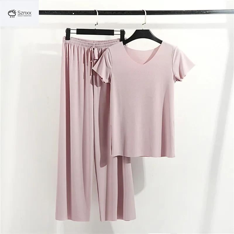 Womens Modal Short Sleeve Pajama Set With V-neck