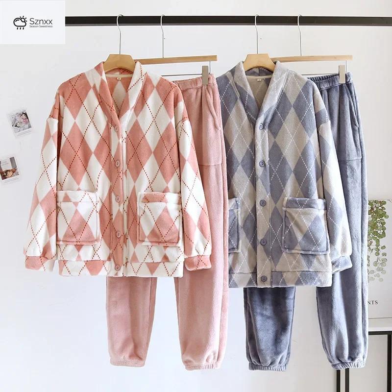 Thickened Flannel Couple V-neck Pajama Set
