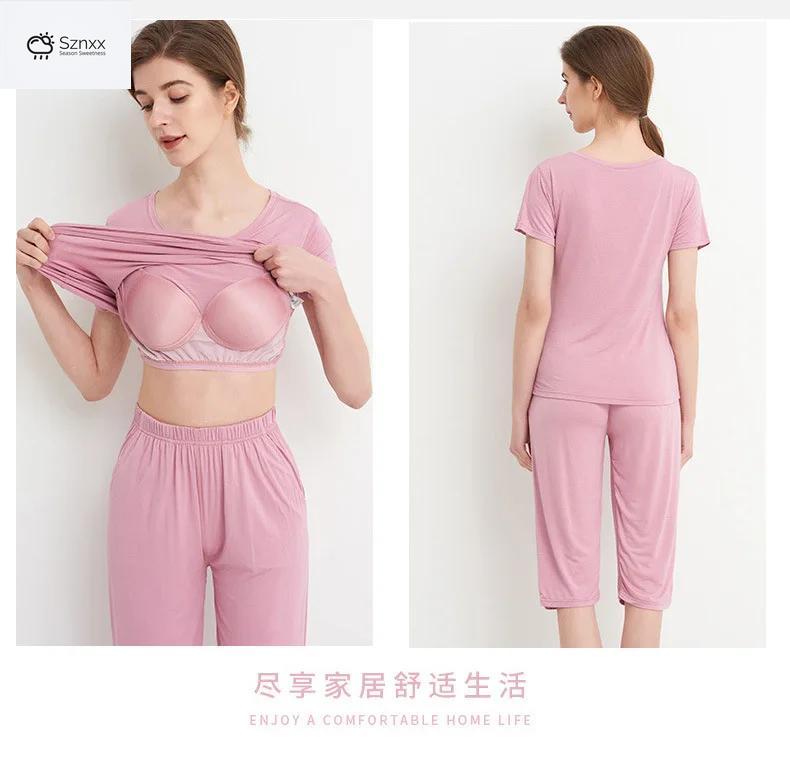 Soft Modal Pajama Set With Chest Pad Cropped Trousers