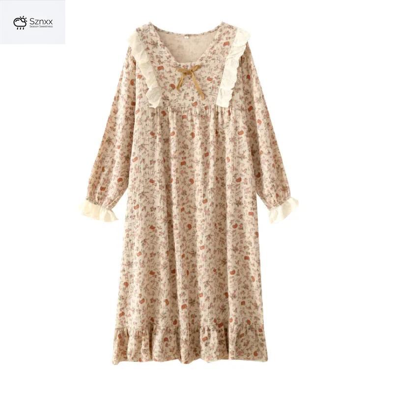 Floral Cotton Crepe Long-sleeve Lounge Nightgown