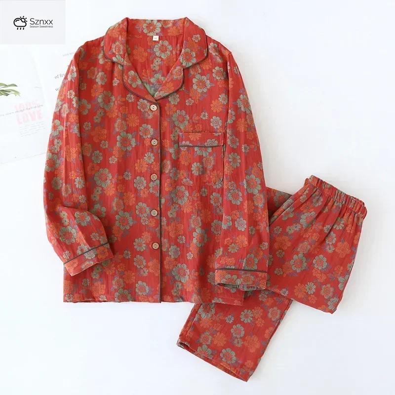 Floral Crepe Cotton Long-sleeve Pajama Lounge Set
