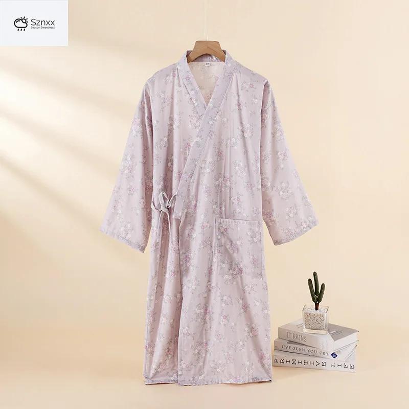 Japanese Cotton Floral Kimono Nightgown With Three-quarter Sleeves