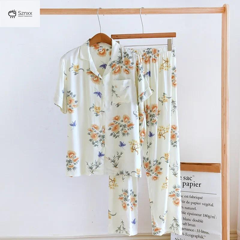 Soft Viscose Short-sleeve Pajama Set With Breathable Lounge Pants