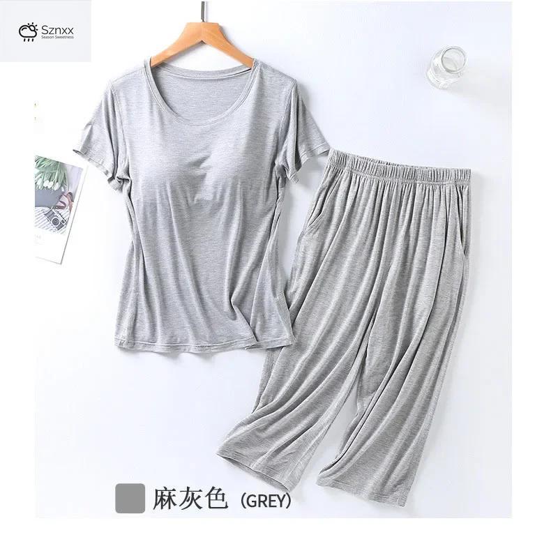 Soft Modal Pajama Set With Chest Pad Cropped Trousers