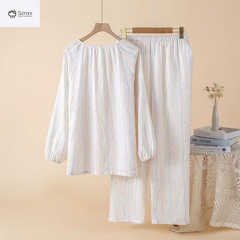 Womens Cotton Gauze Long-sleeve Pajama Cardigan Set