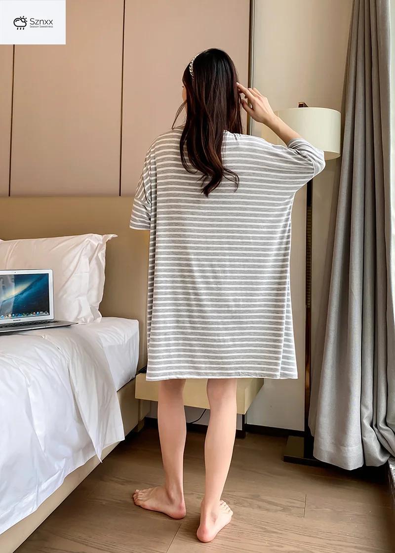 Striped Modal Short-sleeve Nightgown With Skirt Hem