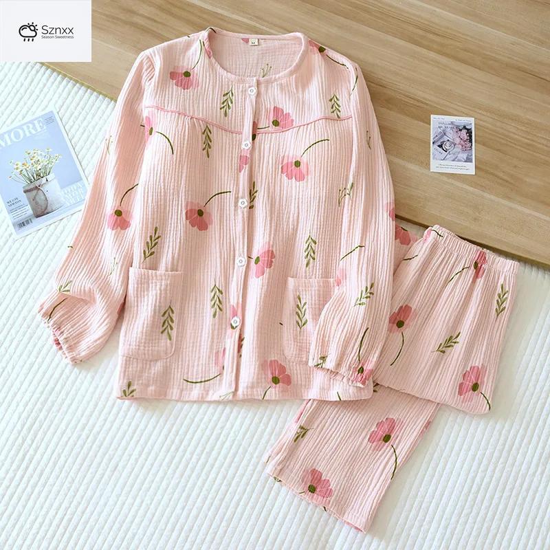 Floral Crepe Cotton Long-sleeve Pajama Set With Chest Pad