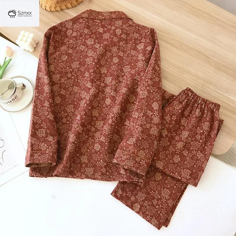 Womens Cotton Gauze Jacquard Long Pajama Set