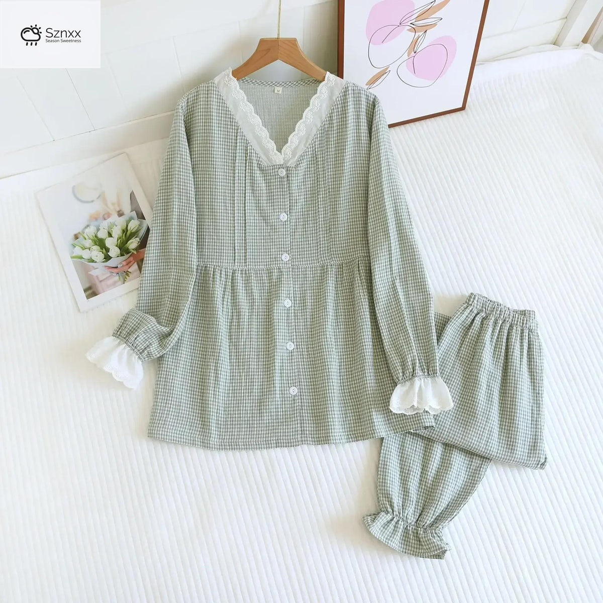 Womens Cotton Grid Pajama Set With Edge Collar
