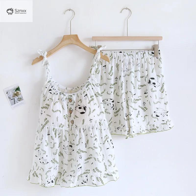 Soft Cotton Crepe Suspender Pajama Shorts Set