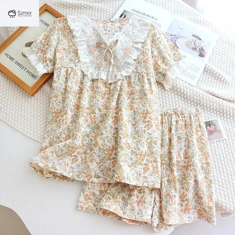 Womens Cotton Crepe V-neck Short Pajama Set