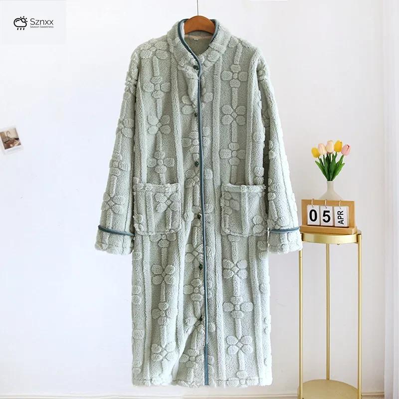 Cozy Flannel Stand-collar Buttoned Women’s Nightgown