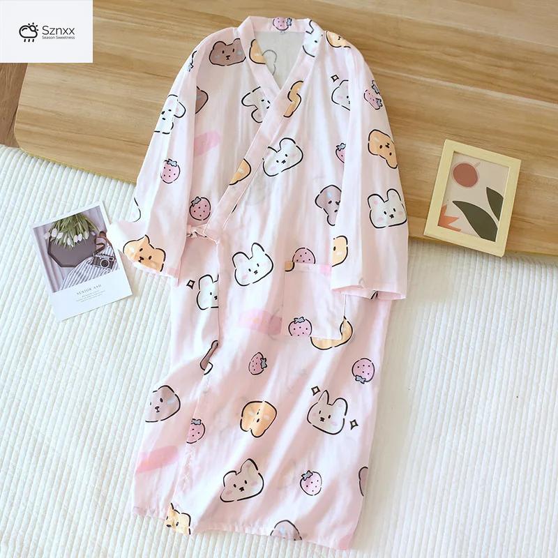 Floral Cotton Gauze Kimono Robe Mid-length Loungewear