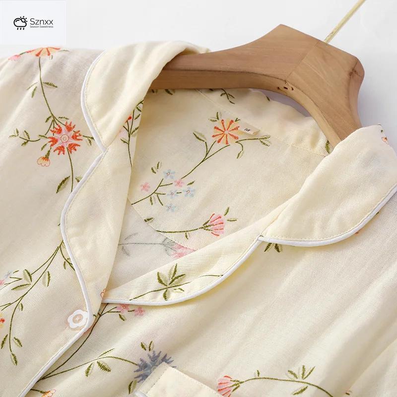 Womens Floral Cotton Gauze Pajama Shorts Set