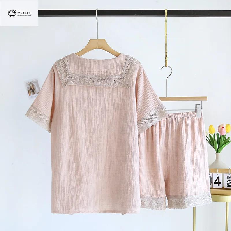 Japanese Cotton Crepe Lace Pajama Shorts Set