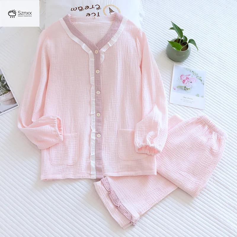 Womens V-neck Cotton Crepe Pajama Lounge Set