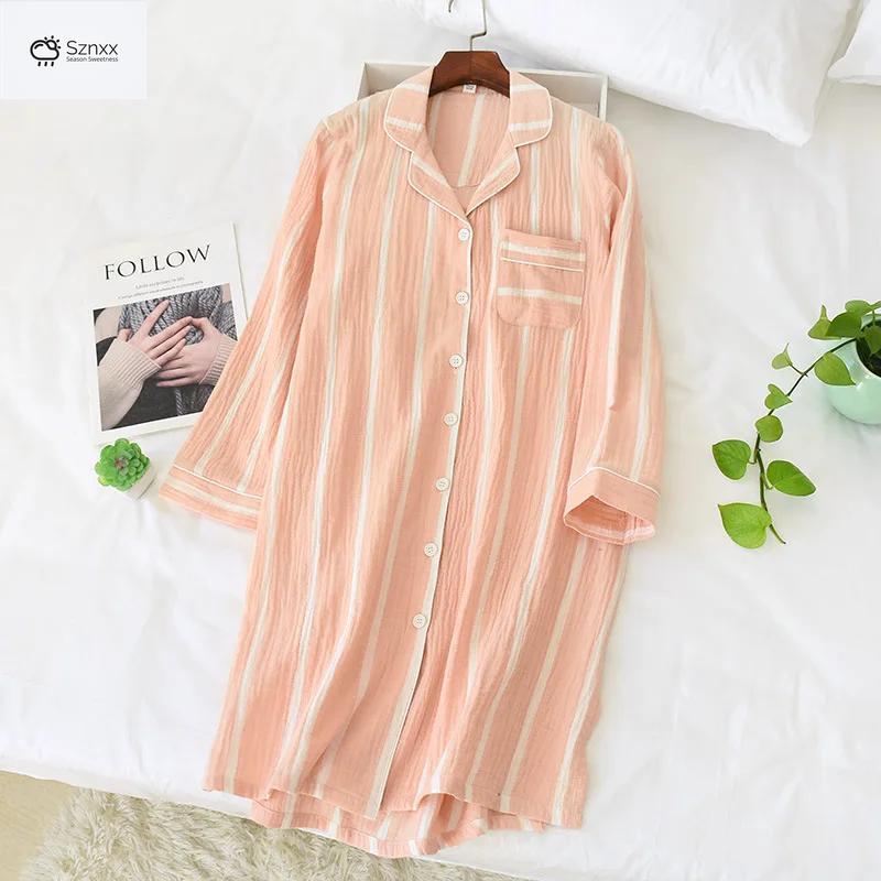 Striped Cotton Knee-length Women’s Long-sleeve Nightgown