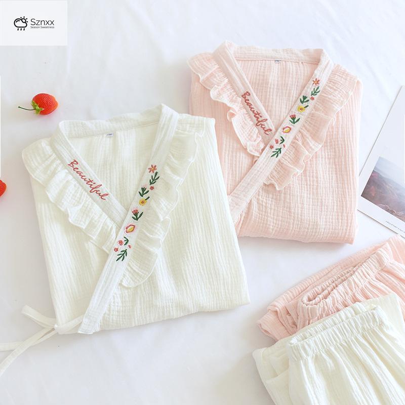 Japanese Cotton Crepe Kimono Pajama Two-piece Set