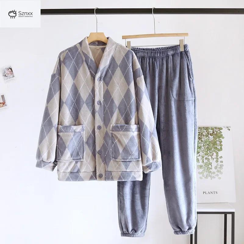 Thickened Flannel Couple V-neck Pajama Set