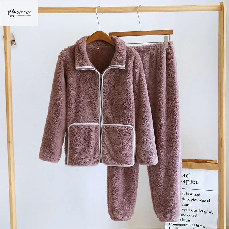 Cozy Flannel Couple Zip-up Sleepwear Set