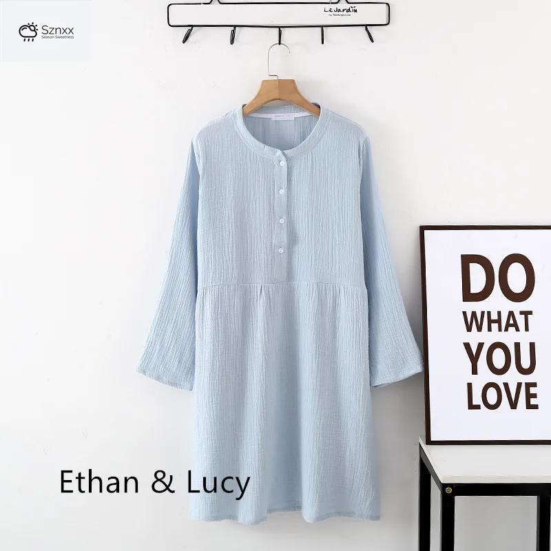 Womens Cotton Crepe Long Sleeve Button Nightgown Dress