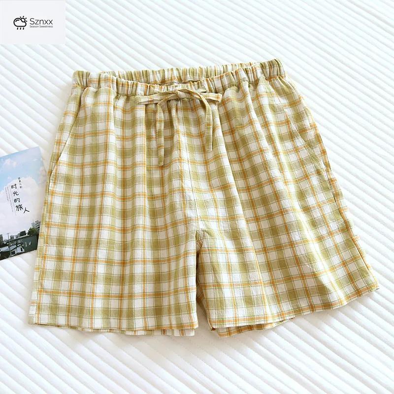Checkered Cotton Couple Sleep Shorts Loose Fit
