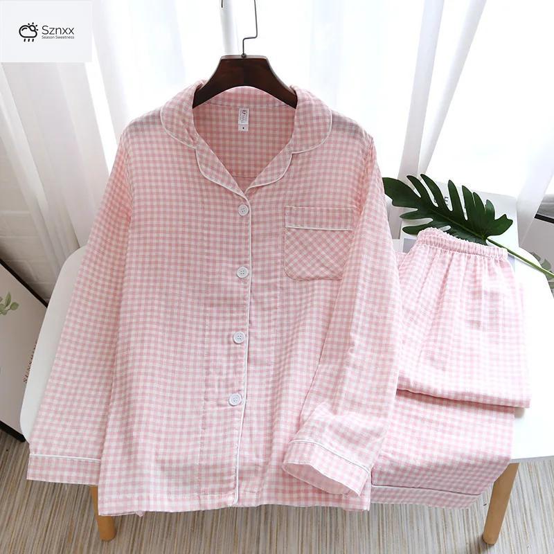 Soft Cotton Gauze Plaid Couple Pajama Set