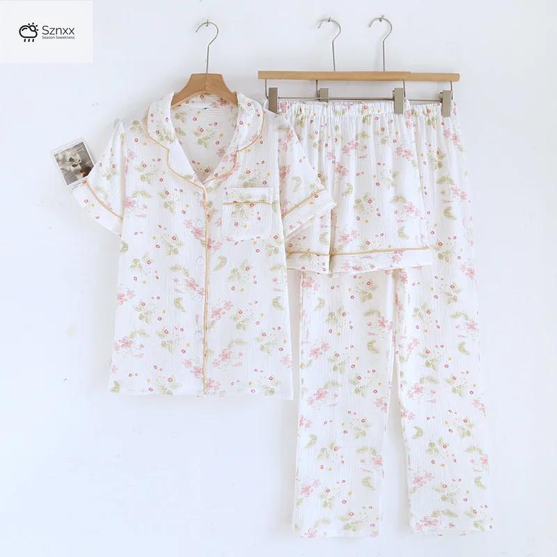Womens Cotton Crepe Three-piece Loungewear Set