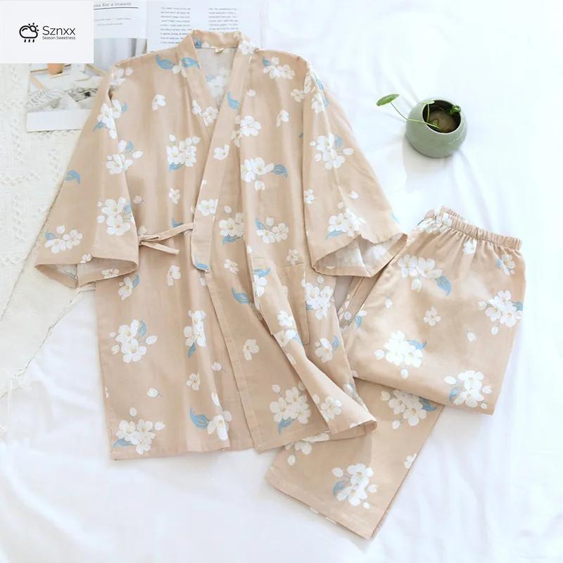 Womens Cherry Blossom Cotton Kimono Pajama Set