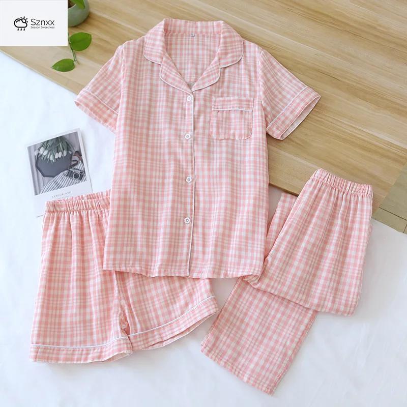 Womens Cotton Gauze Three-piece Loungewear Set