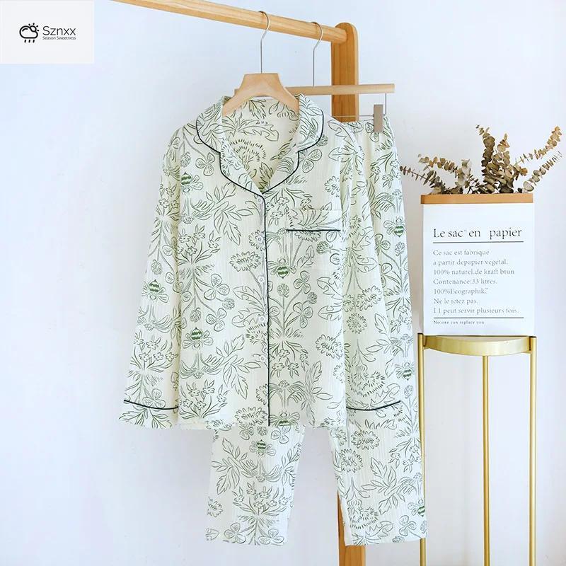 Womens Pure Cotton Crepe Long-sleeve Pajama Set