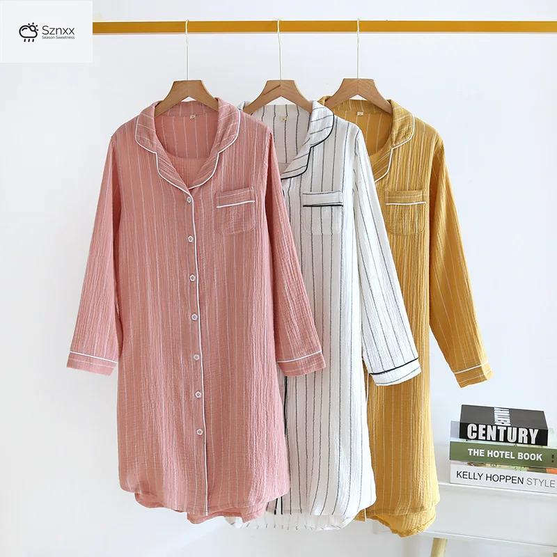 Striped Cotton Long-sleeve Nightgown For Women