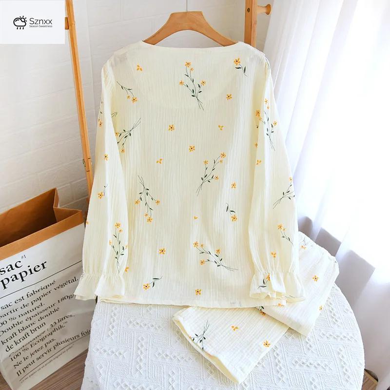 Womens Floral Crepe Cotton Long Sleeve Pajama Set