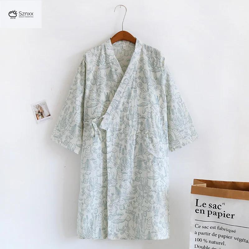 Floral Cotton Gauze Kimono Robe Mid-length Loungewear