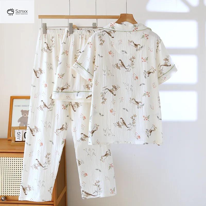 Womens Cotton Crepe Thin Pajama Three-piece Set
