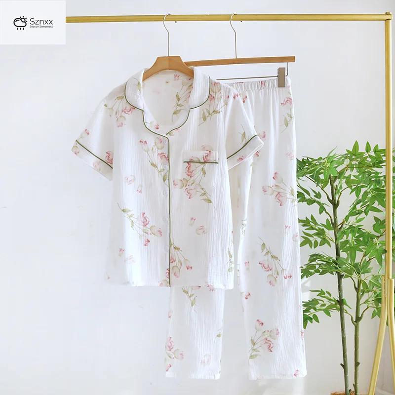 Womens Cotton Crepe Short Sleeve Pajama Lounge Set