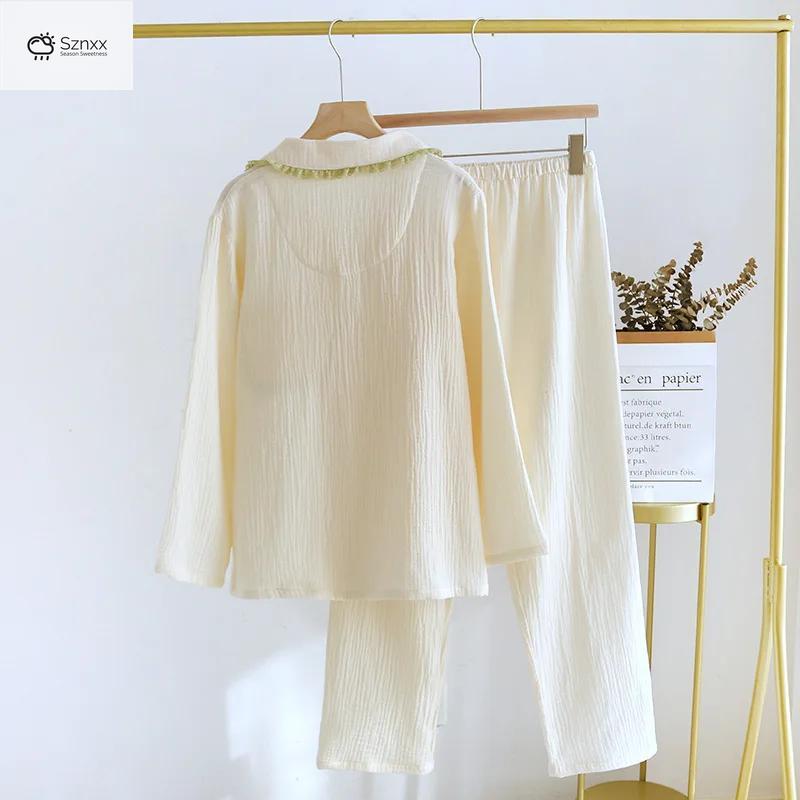Womens Crepe Cotton Lapel Pajama Set Loose Fit