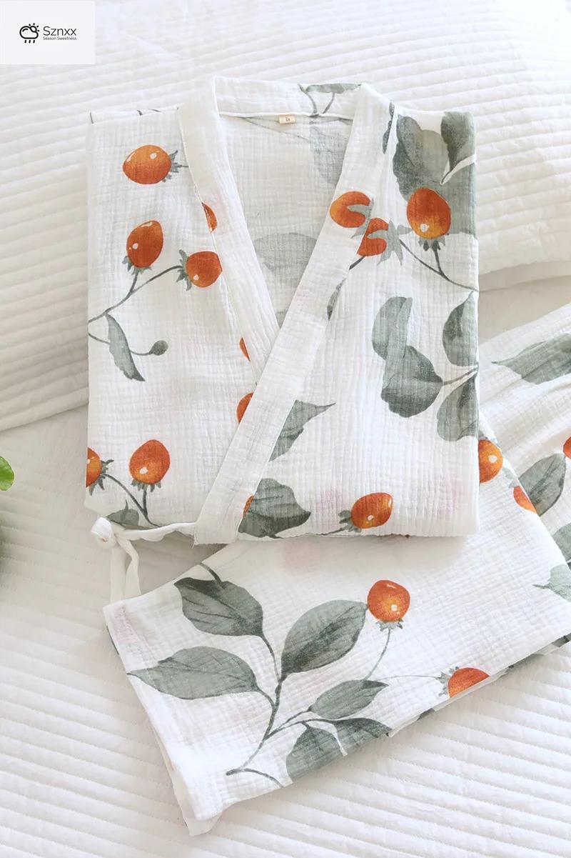 Japanese-inspired Cotton Kimono Pajama Set With Loose Trousers
