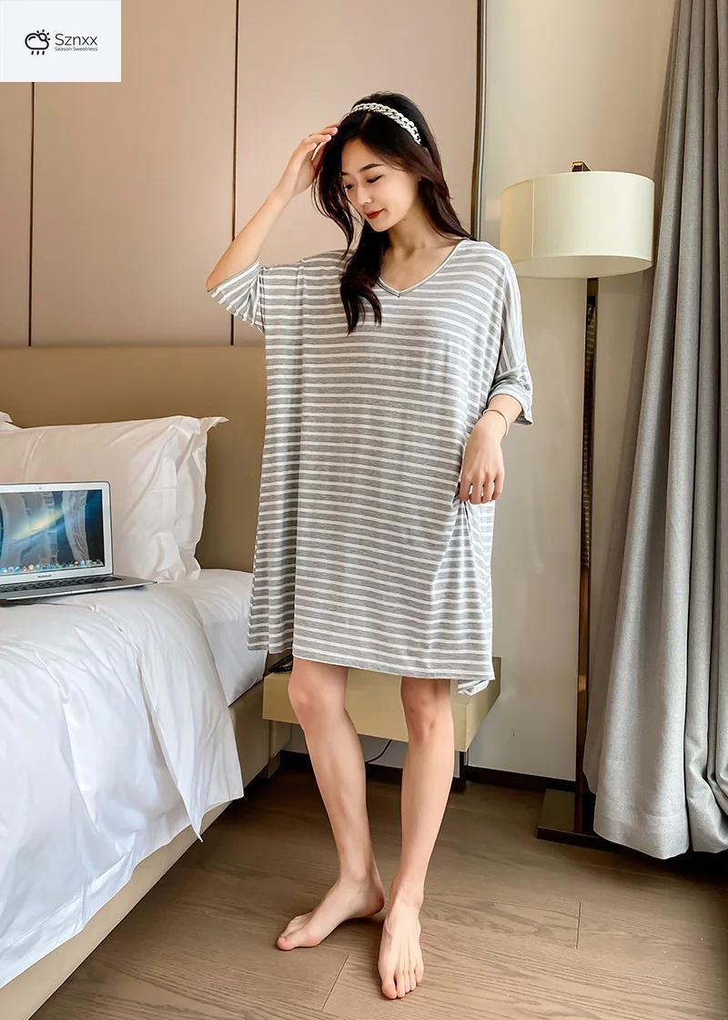 Striped Modal Short-sleeve Nightgown With Skirt Hem