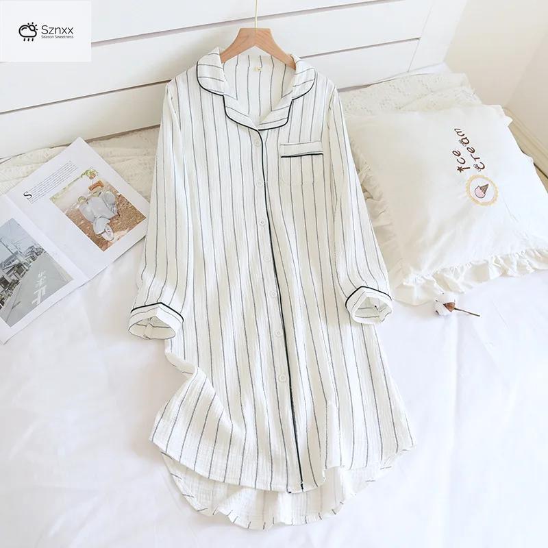 Striped Cotton Knee-length Women’s Long-sleeve Nightgown