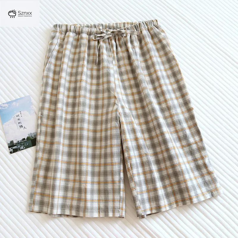 Checkered Cotton Couple Sleep Shorts Loose Fit
