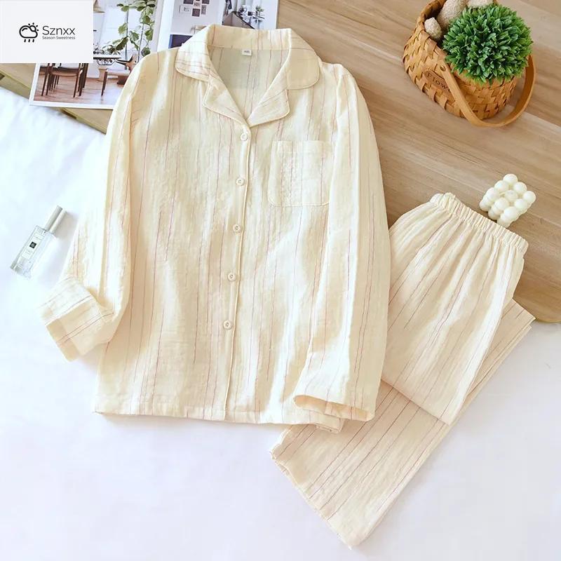 Japanese Striped Cotton Pajama Set Long Sleeve