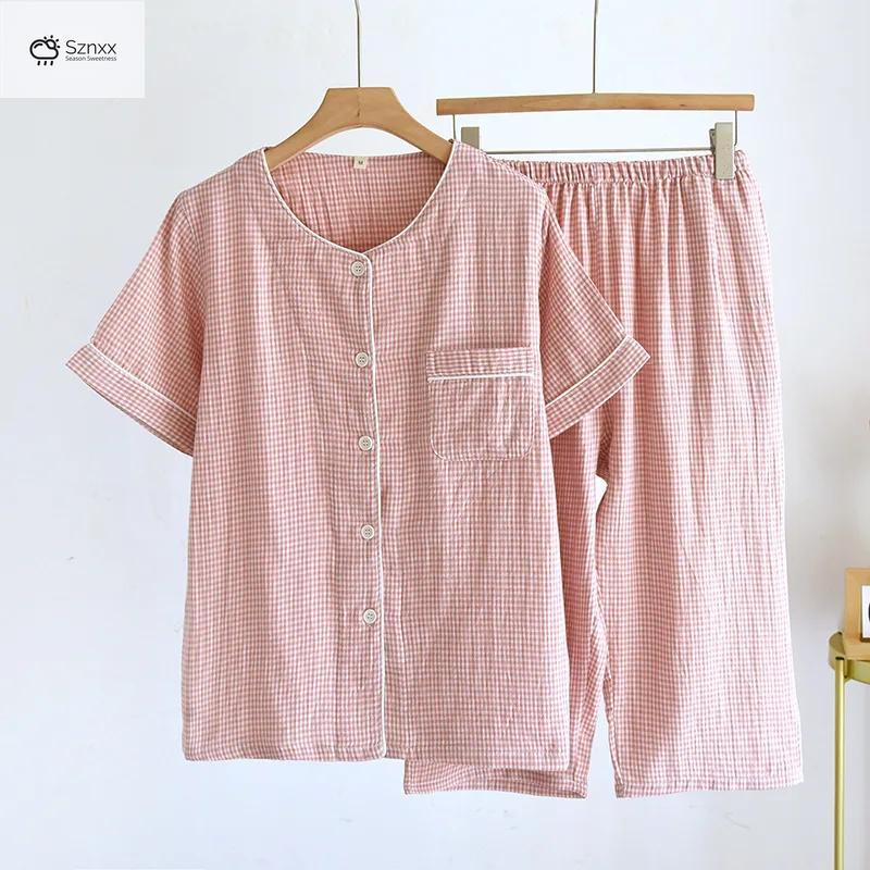 Checkered Cotton Gauze Couple Pajama Set